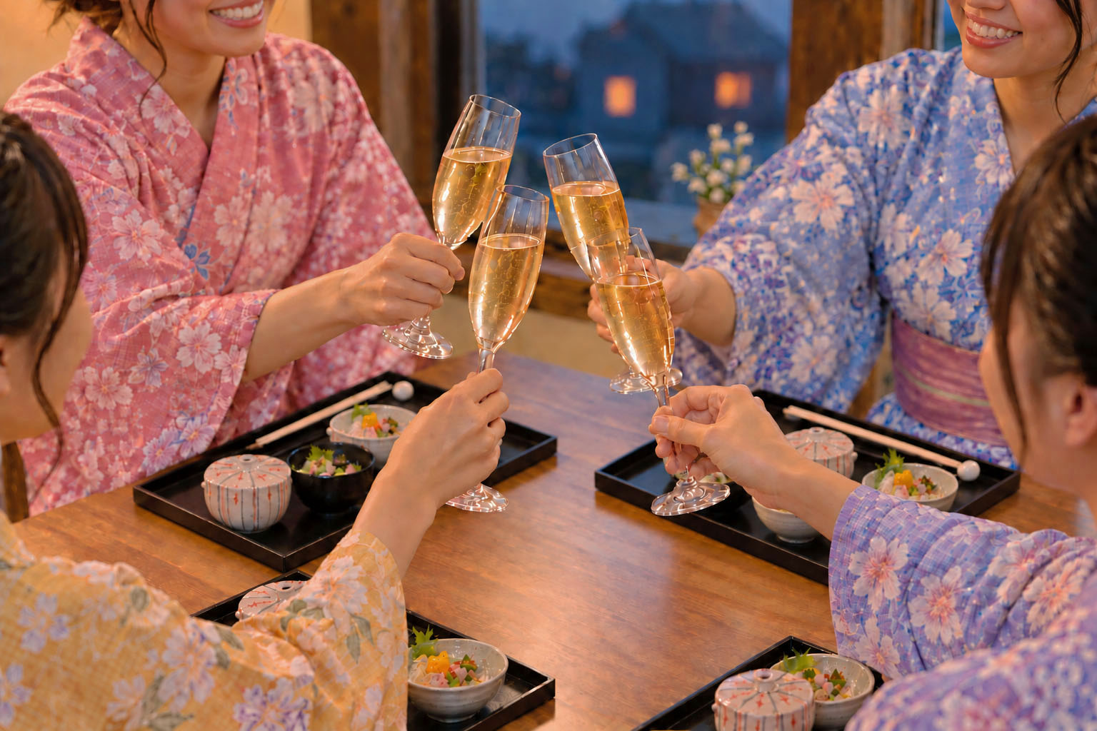浴衣姿の友人グループで乾杯